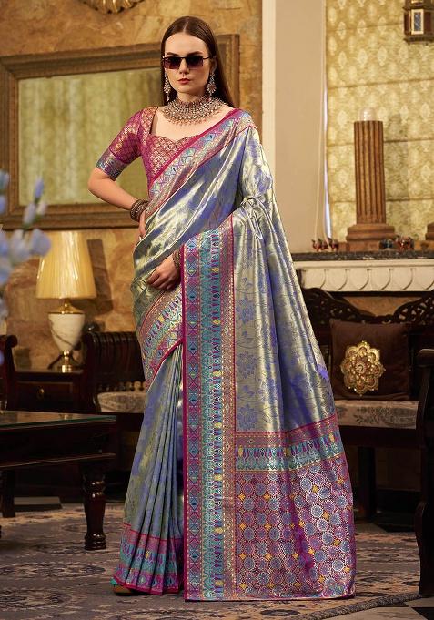 Blue Zari Woven Silk Saree Set