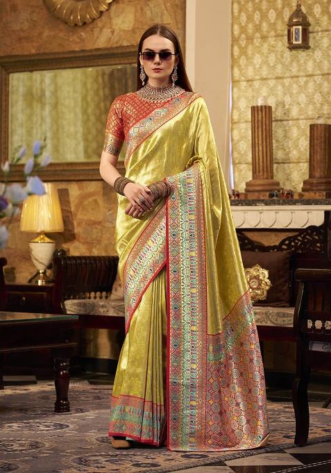 Yellow Zari Woven Silk Saree Set