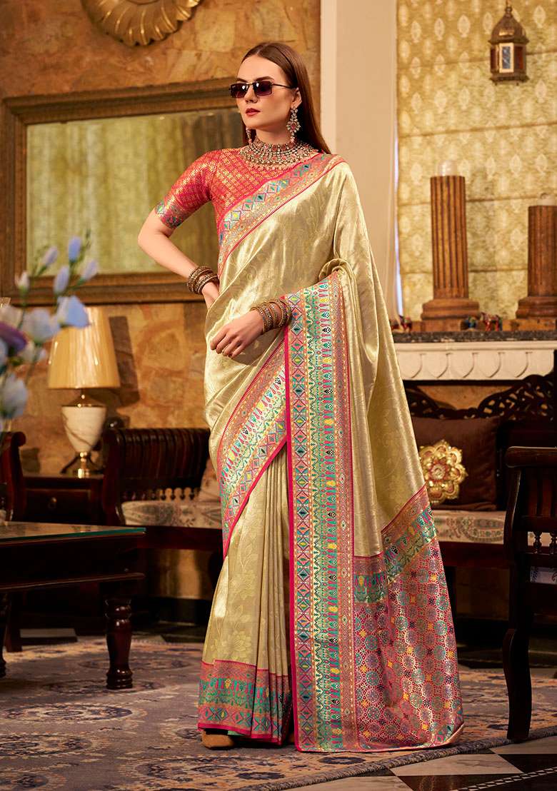Beige Zari Woven Silk Saree Set - Indya
