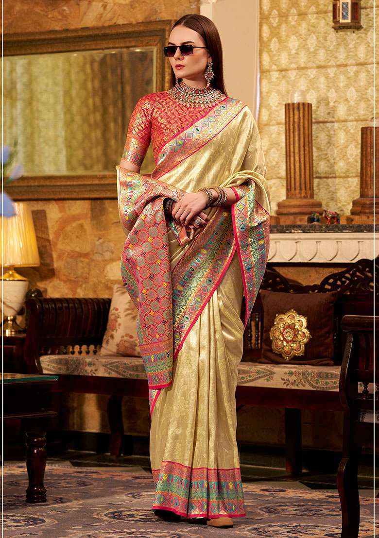 Beige Zari Woven Silk Saree Set - Indya