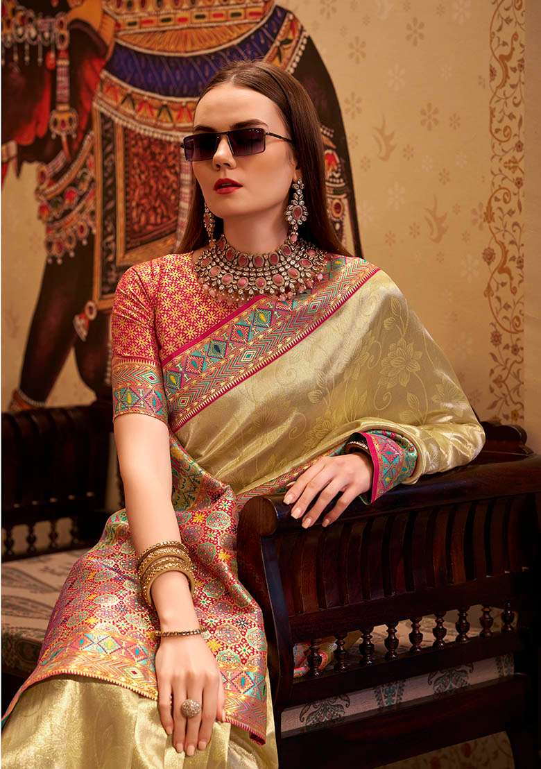 Beige Zari Woven Silk Saree Set - Indya