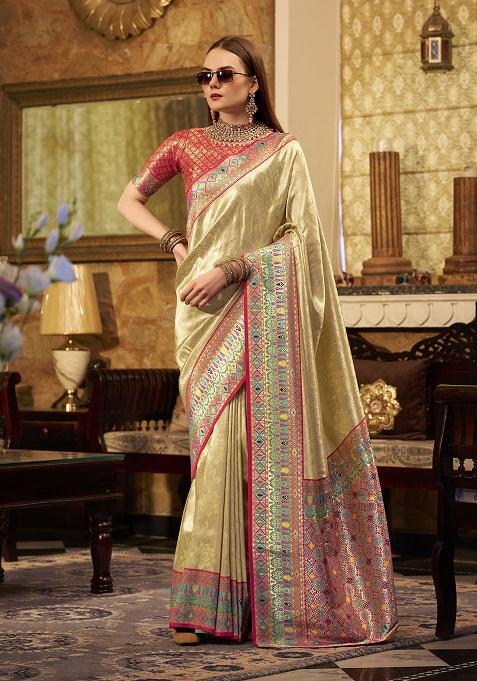 Beige Zari Woven Silk Saree Set