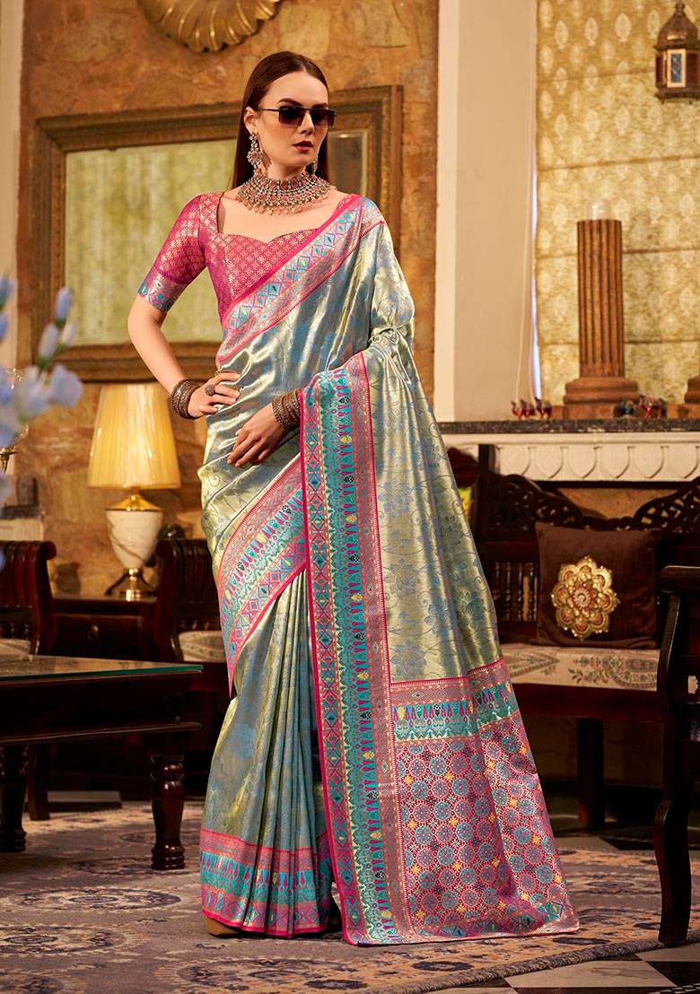 Turquoise Zari Woven Silk Saree Set - Indya