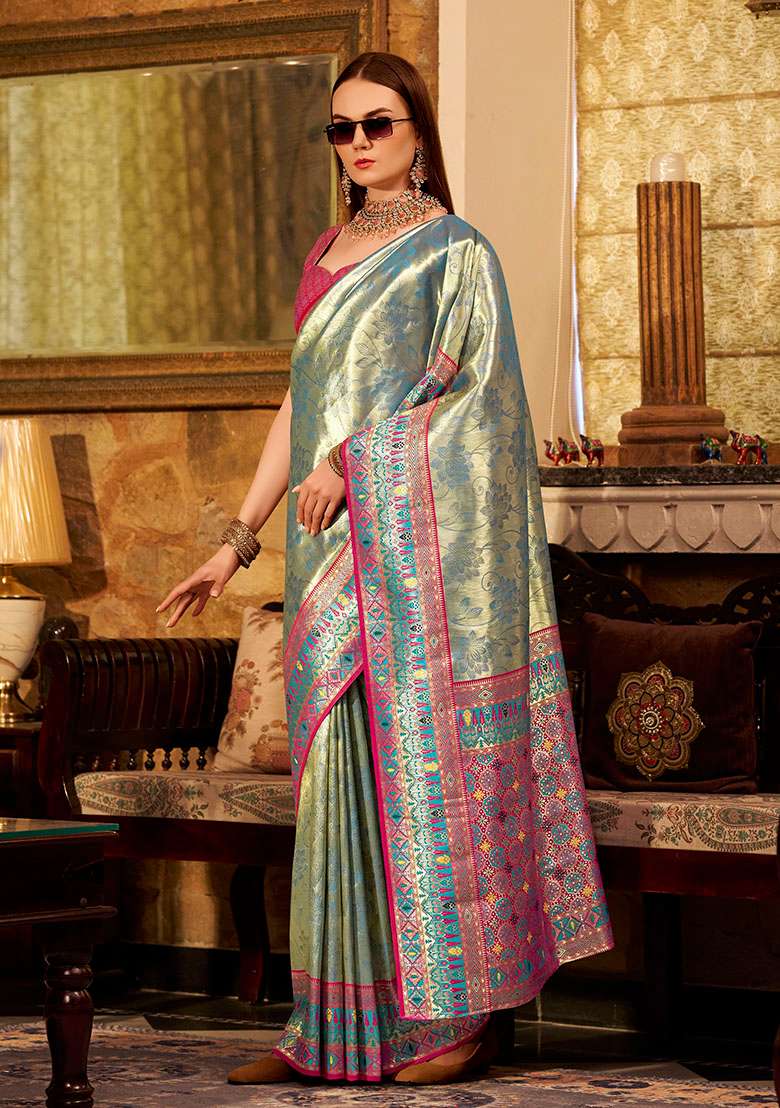 Turquoise Zari Woven Silk Saree Set - Indya