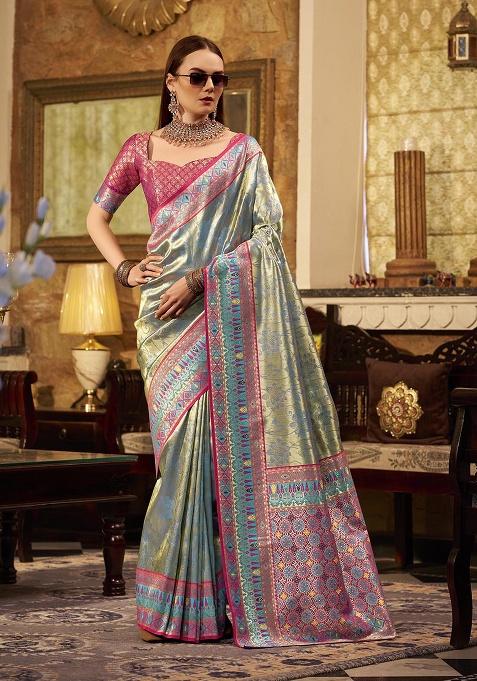 Turquoise Zari Woven Silk Saree Set