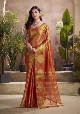 Rust Zari Woven Silk Saree Set