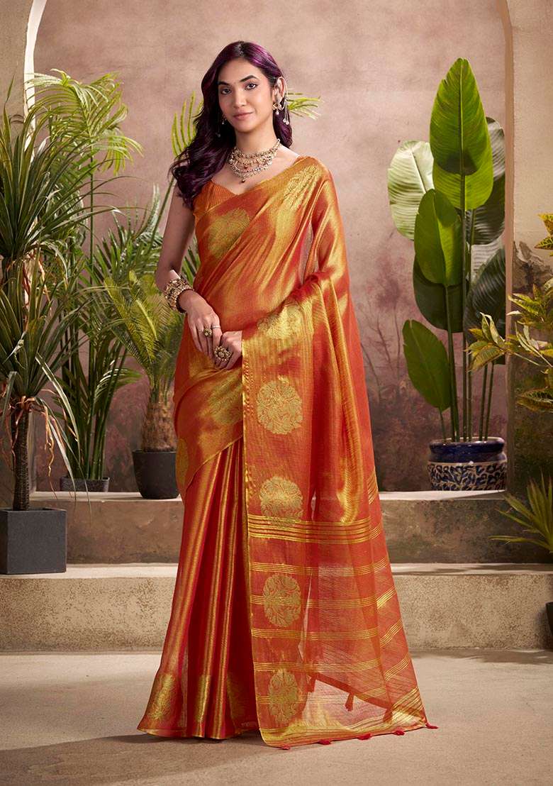 Rust Zari Woven Silk Blend Saree Set - Indya