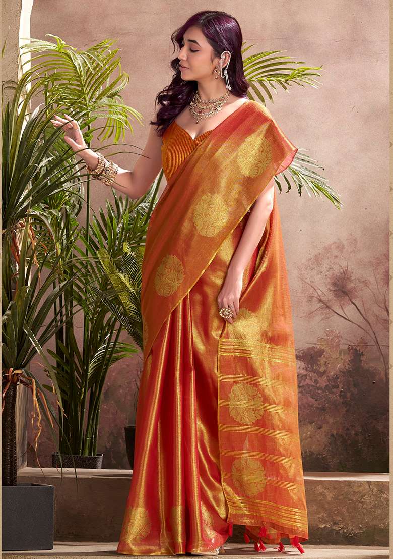 Rust Zari Woven Silk Blend Saree Set - Indya