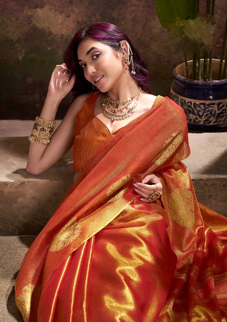 Rust Zari Woven Silk Blend Saree Set - Indya