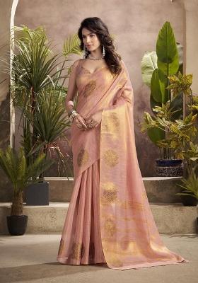 Peach Zari Woven Silk Saree Set