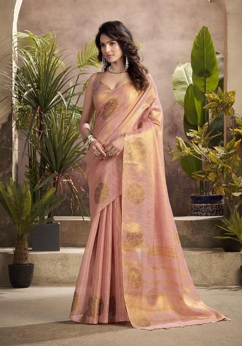 Peach Zari Woven Silk Saree Set