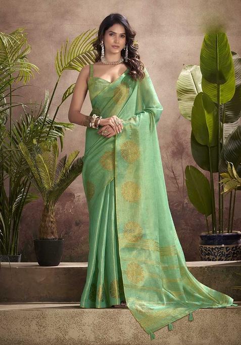 Sea Green Zari Woven Silk Saree Set