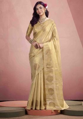 Beige Zari Woven Silk Saree Set