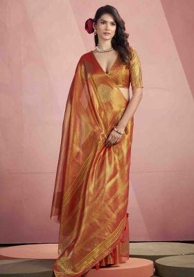 Rust Zari Woven Silk Saree Set