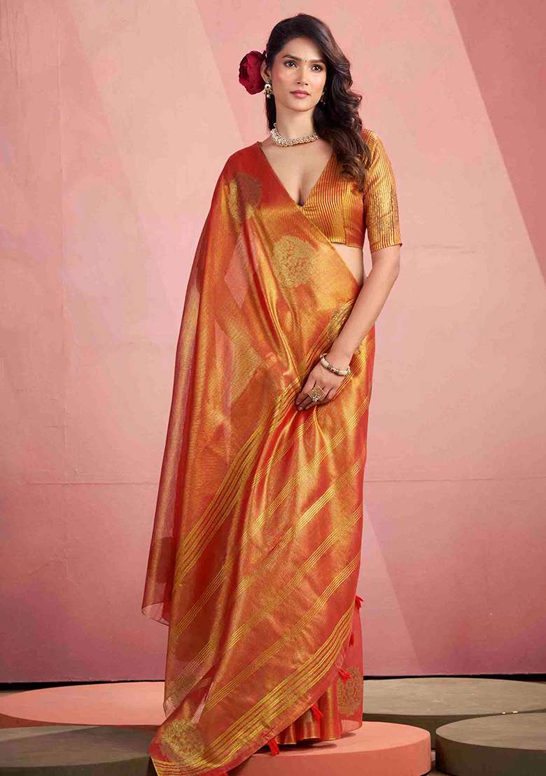 Rust Zari Woven Silk Blend Saree Set - Indya
