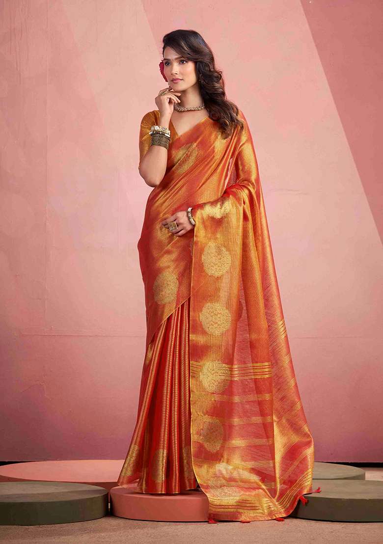 Rust Zari Woven Silk Blend Saree Set - Indya