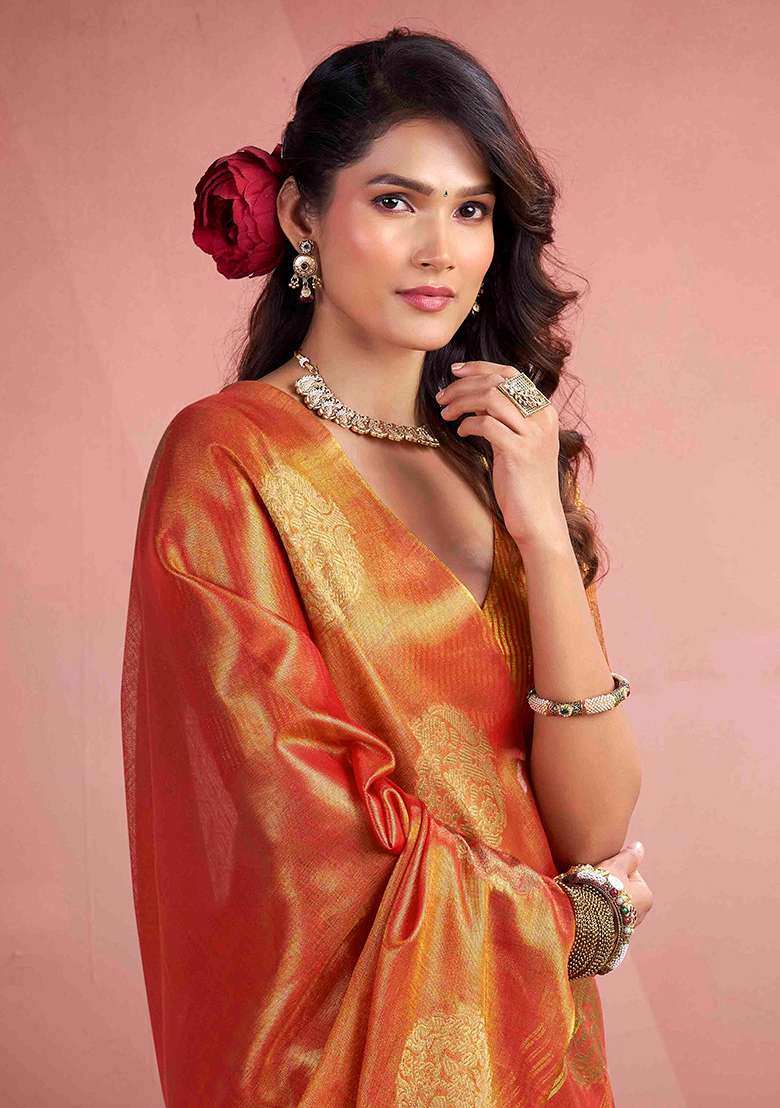 Rust Zari Woven Silk Blend Saree Set - Indya
