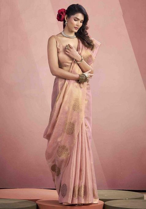 Peach Zari Woven Silk Saree Set