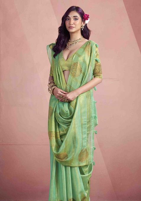 Sea Green Zari Woven Silk Saree Set