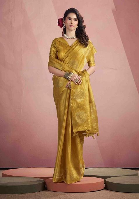 Mustard Zari Woven Silk Saree Set