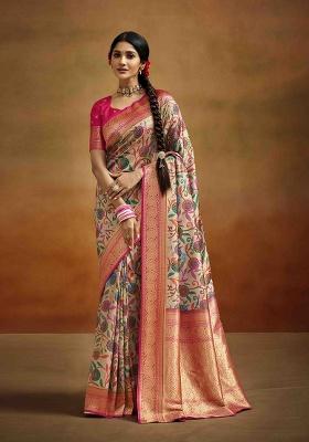 Beige Kalamkari Silk Blend Saree Set