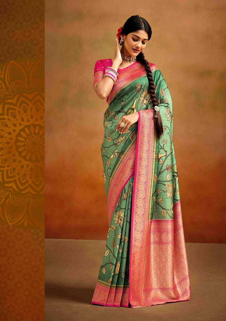 Green Kalamkari Silk Blend Saree Set - Indya