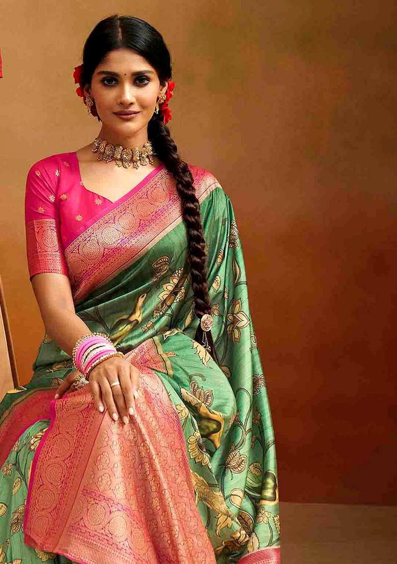 Green Kalamkari Silk Blend Saree Set - Indya