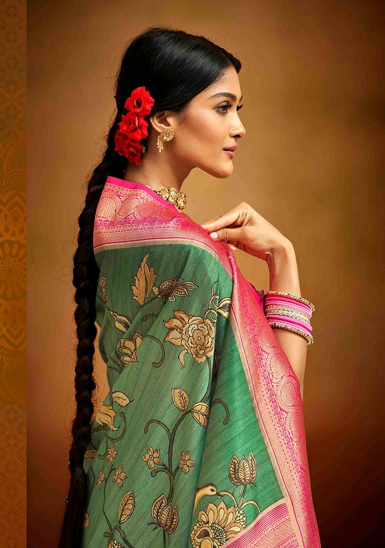 Green Kalamkari Silk Blend Saree Set - Indya