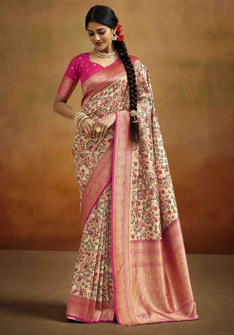 Cream Kalamkari Silk Saree Set