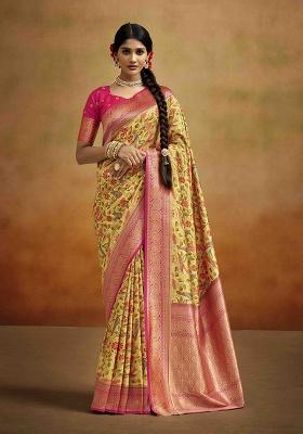 Yellow Kalamkari Silk Saree Set
