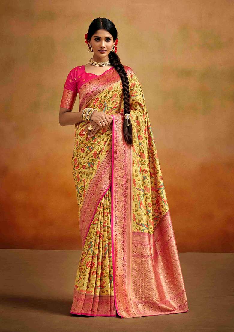 Yellow Kalamkari Silk Blend Saree Set - Indya