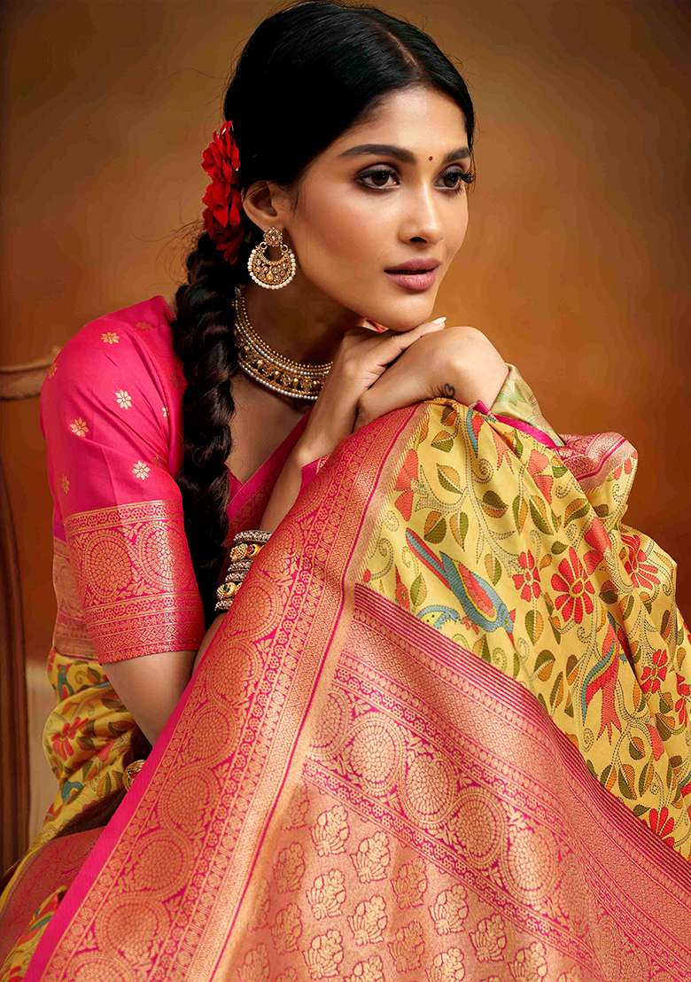 Yellow Kalamkari Silk Blend Saree Set - Indya