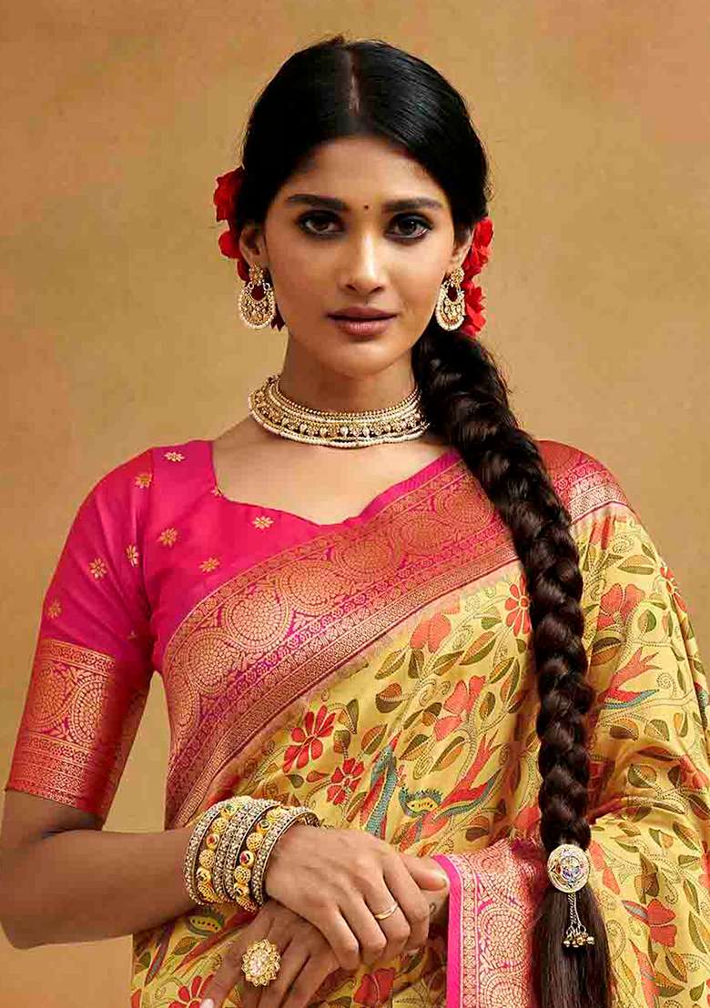 Yellow Kalamkari Silk Blend Saree Set - Indya