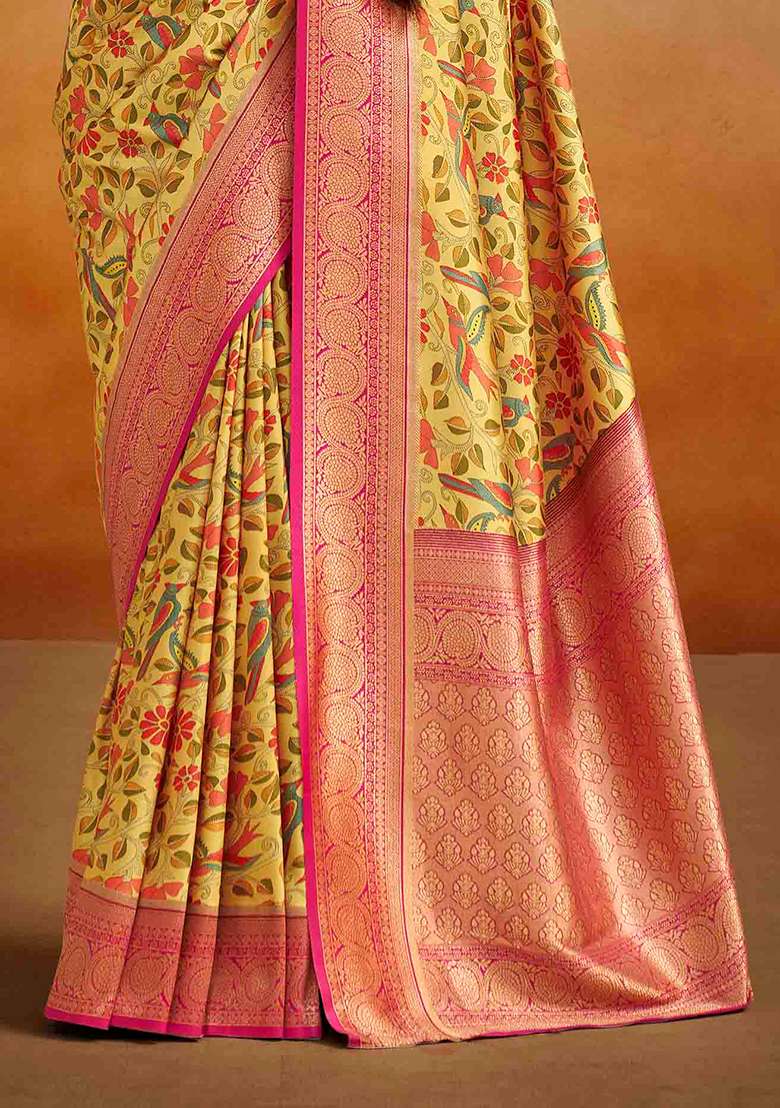 Yellow Kalamkari Silk Blend Saree Set - Indya