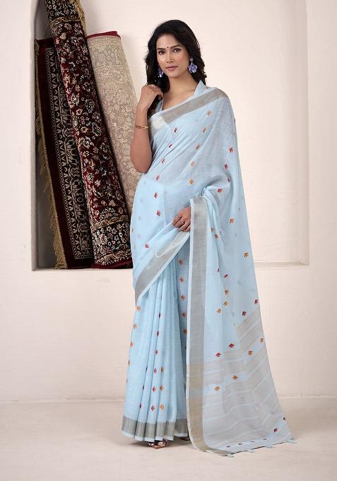Blue Woven Silk Saree Set