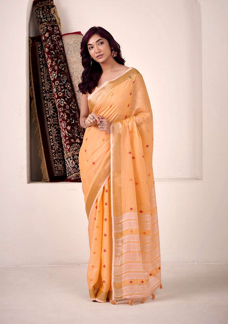 Orange Woven Silk Blend Saree Set - Indya