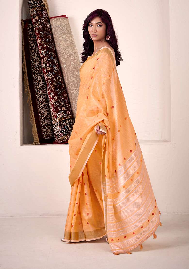 Orange Woven Silk Blend Saree Set - Indya