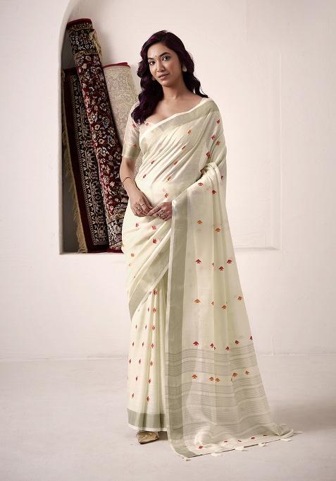 Cream Woven Silk Saree Set