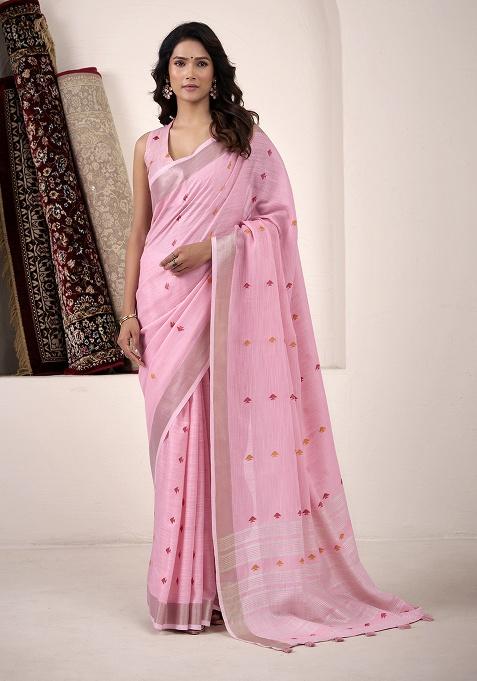 Pink Woven Silk Saree Set