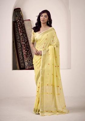 Yellow Woven Silk Saree Set