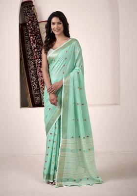 Turquoise Woven Silk Saree Set