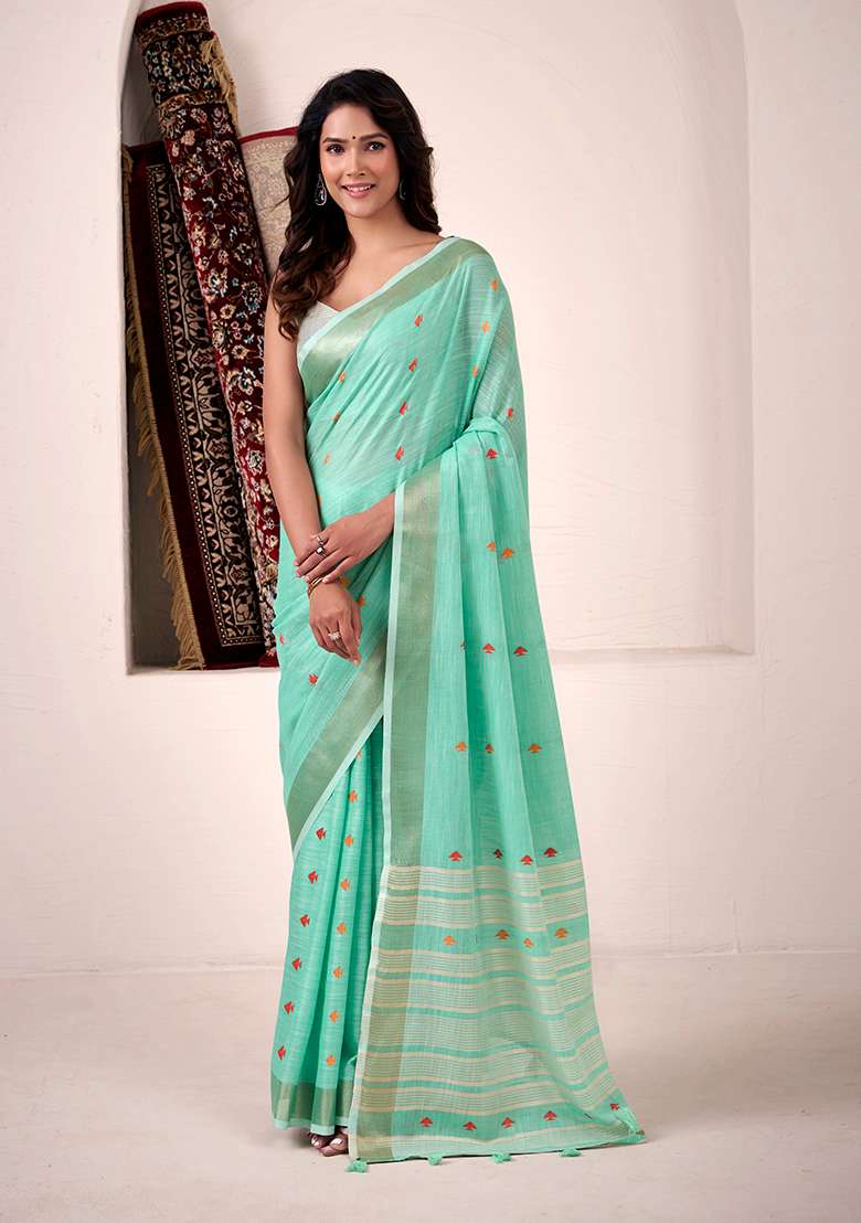 Turquoise Woven Silk Saree Set - Indya