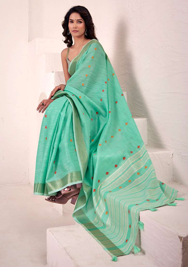 Turquoise Woven Silk Saree Set - Indya