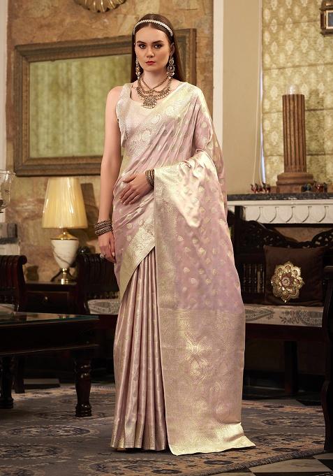 Pink Zari Woven Silk Saree Set