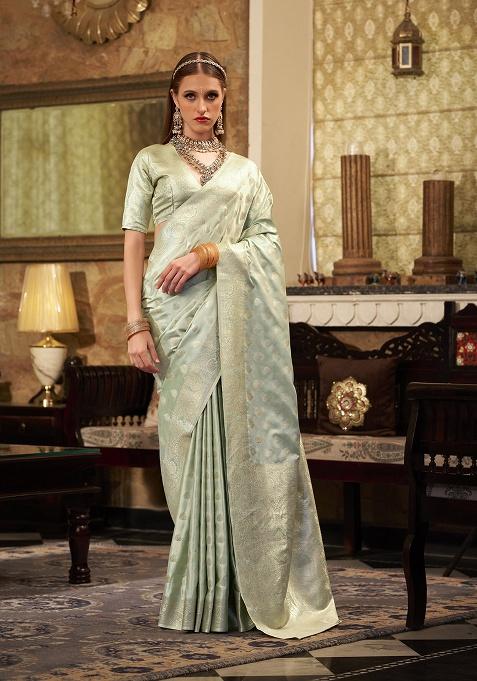 Mint Zari Woven Silk Saree Set