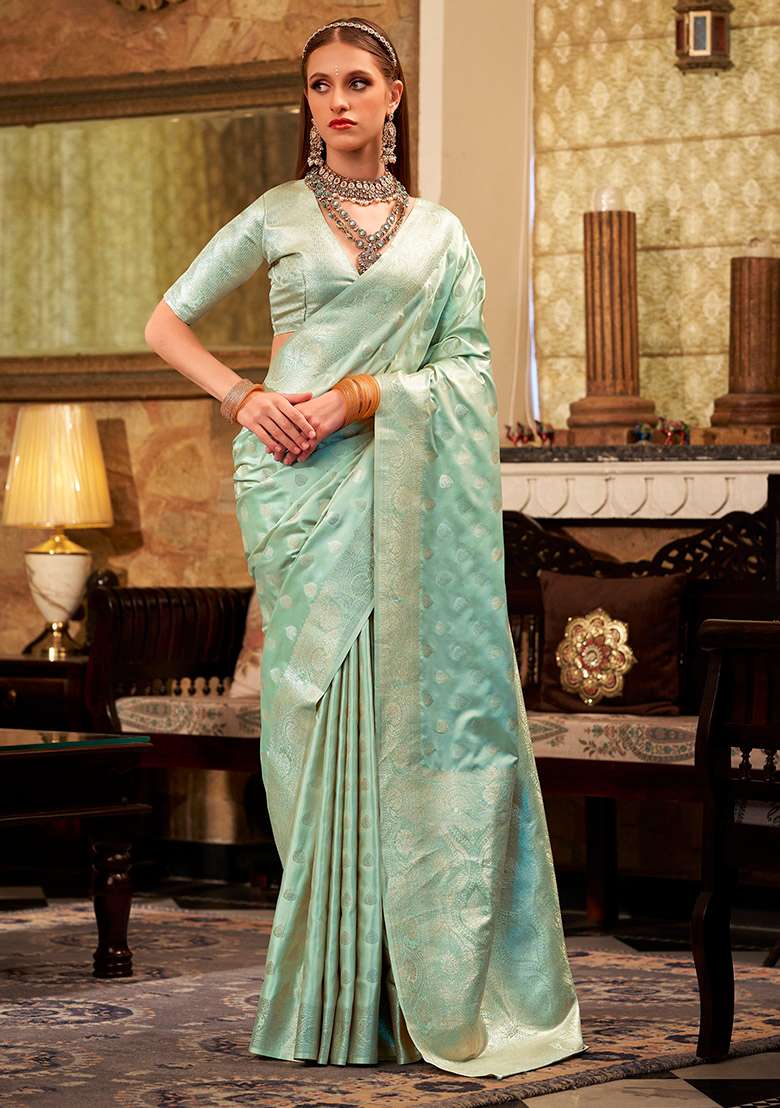 Turquoise Zari Woven Silk Saree Set - Indya