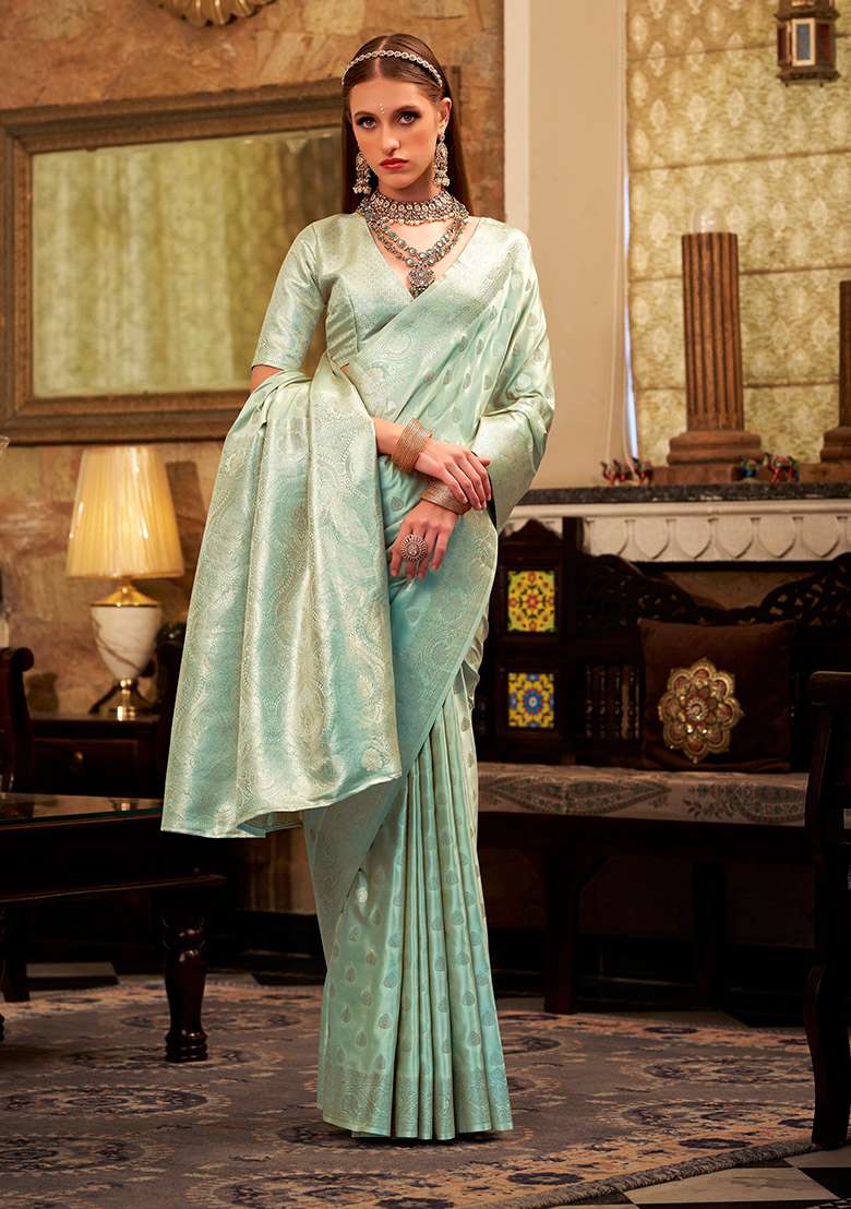 Turquoise Zari Woven Silk Saree Set - Indya