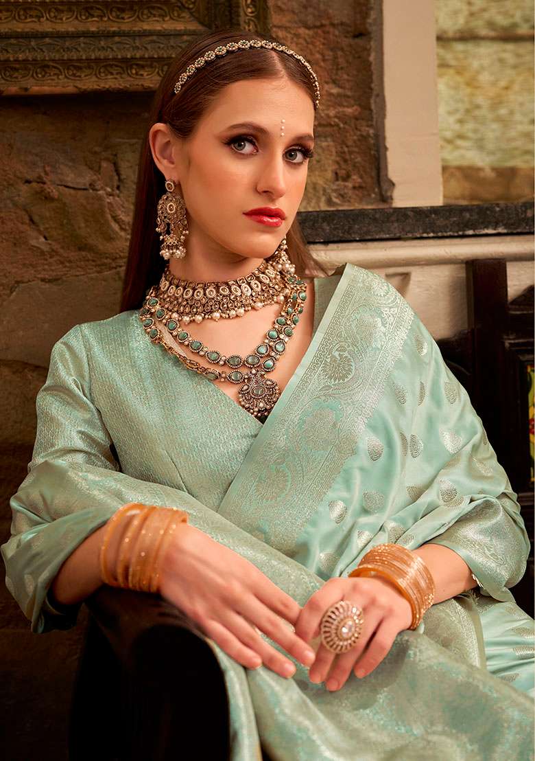 Turquoise Zari Woven Silk Saree Set - Indya