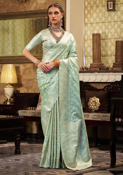 Turquoise Zari Woven Silk Saree Set