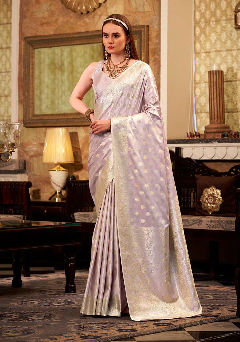Lavender Zari Woven Silk Saree Set - Indya